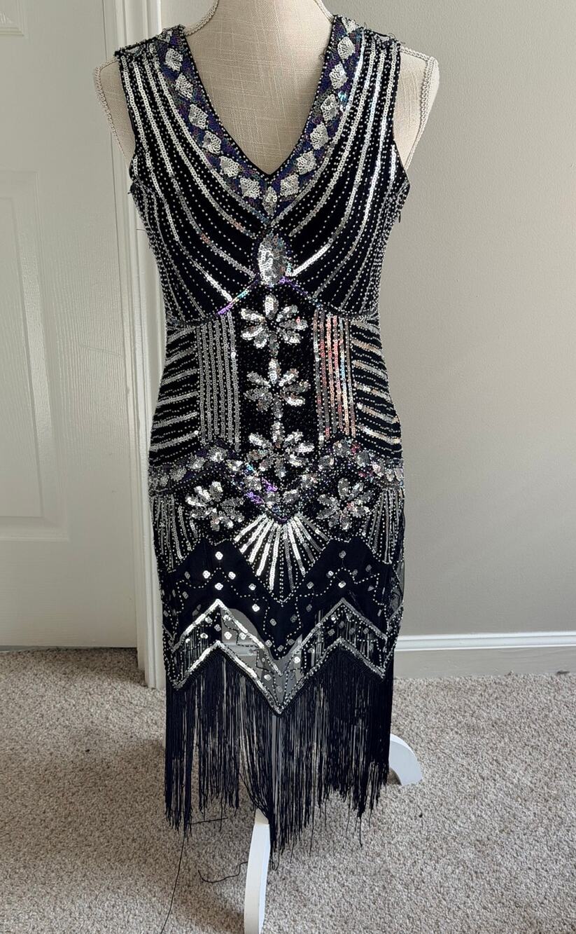 Vintage Inspired Black Beaded & Sequin Fringe Dress Art Deco Great Gatsby Style